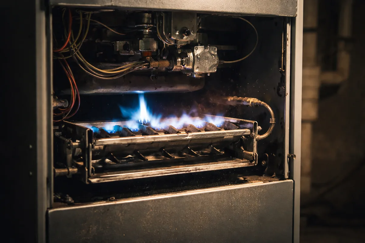Close-up of a residential gas furnace interior showing blue pilot flame, a common source of carbon monoxide in homes