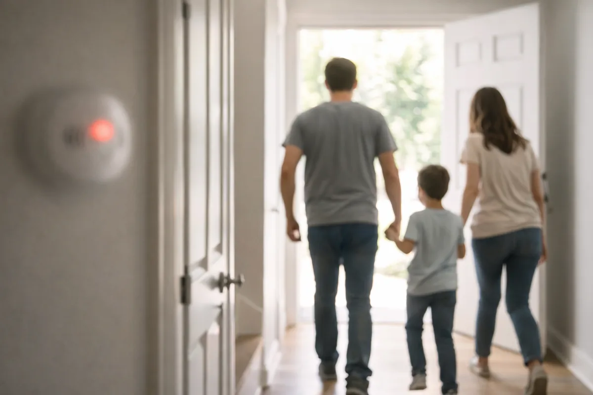 Family evacuating a house after a carbon monoxide alarm, walking through the front door to fresh air outside