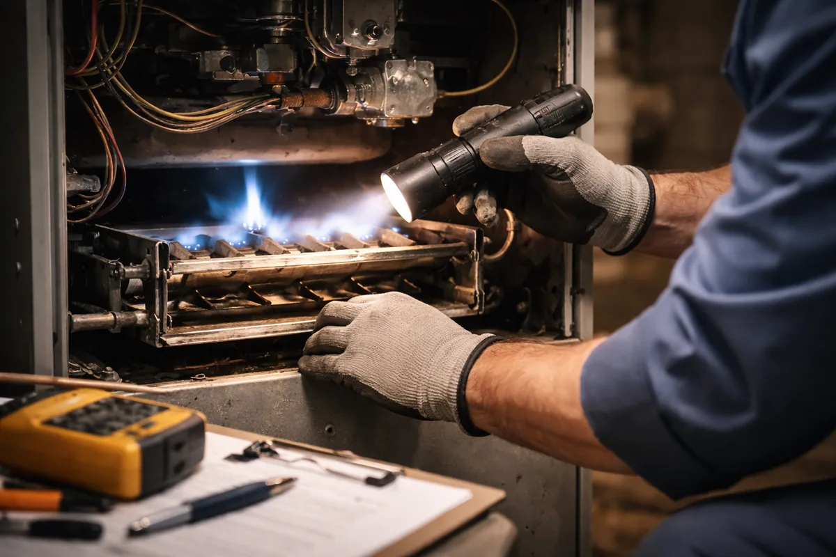 HVAC technician inspecting a residential gas furnace with a flashlight during annual carbon monoxide prevention maintenance