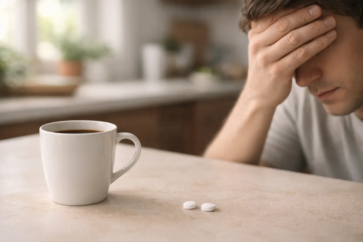 Person experiencing carbon monoxide poisoning symptoms: headache, nausea, and fatigue at a kitchen table